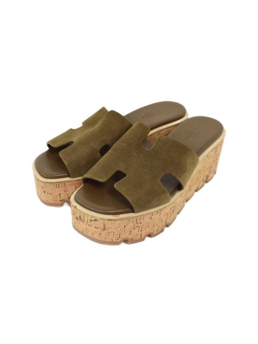 Hermes Eze Sandals H Logo Suede Cork Wedge Sole Thick Khaki Beige